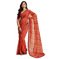 RATAN Womens Chiffon Lehriya Printed Saree without Blouse PieceAPL9392Red