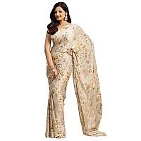 RATAN Womens Chiffon Floral Printed Saree without Blouse Piece(JALP-36908_Beige)