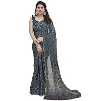 MIRCHI FASHION Womens Chiffon Foil Work Chevron Printed Saree with Blouse Piece 41657Dark Rama Blue Beige Golden