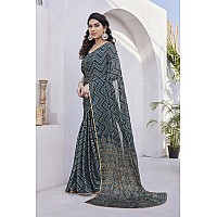 MIRCHI FASHION Womens Chiffon Foil Work Chevron Printed Saree with Blouse Piece 41657Dark Rama Blue Beige Golden