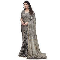 MIRCHI FASHION Womens Chiffon Foil Work Chevron Printed Saree with Blouse Piece 41658Dark Beige Beige Golden