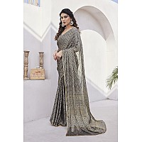 MIRCHI FASHION Womens Chiffon Foil Work Chevron Printed Saree with Blouse Piece 41658Dark Beige Beige Golden