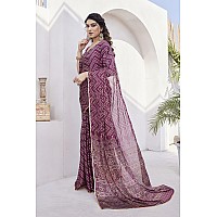 MIRCHI FASHION Womens Chiffon Foil Work Chevron Printed Saree with Blouse Piece 41655Magenta Beige Golden