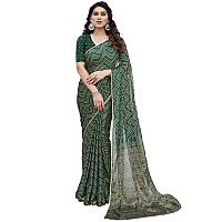 MIRCHI FASHION Womens Chiffon Foil Work Chevron Printed Saree with Blouse Piece 41653Dark Green Beige Golden