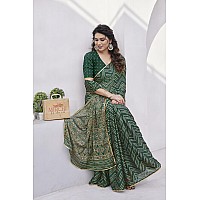 MIRCHI FASHION Womens Chiffon Foil Work Chevron Printed Saree with Blouse Piece 41653Dark Green Beige Golden