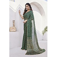 MIRCHI FASHION Womens Chiffon Foil Work Chevron Printed Saree with Blouse Piece 41653Dark Green Beige Golden