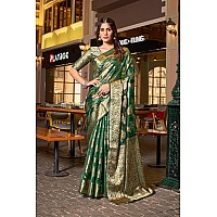 SWORNOF Womens Kanjivaram Banarasi Silk Patola Woven Design Saree With Unstitched Blouse Piece GREEN1