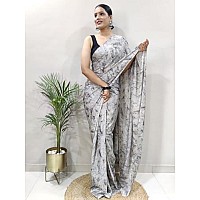 AKHILAM Womens Chiffon Abstract Printed Ready To Wear one Minute Saree With Unstitched Blouse Piece