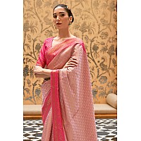 SWORNOF Womens Silk Saree with Zari Woven Saree With Blouse Piece PINK