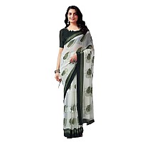 SIRIL Womens Georgette Floral Printed Satin Patta Saree With Unstitched Blouse Piece 3634S119Dark Green