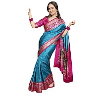 AKHILAM Womens Banarasi silk Animal Print Saree With Unstitched Blouse Piece(Blue_TRITH10008.)