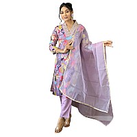 Naixa Womens Lavender Rayon Blend Embroidered And Printed Straight Kurta With Rayon Blend Pant And Organza Laced Dupatta Sets N