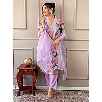 Naixa Womens Lavender Rayon Blend Embroidered And Printed Straight Kurta With Rayon Blend Pant And Organza Laced Dupatta Sets N