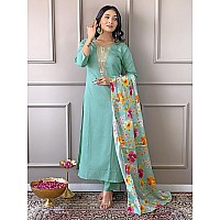 Naixa Womens Firoji Rayon Blend Embroidered And Printed Straight Kurta With Rayon Blend Pant And Chinon Printed Dupatta Sets Nx