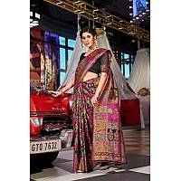 SWORNOF Womens Kanjivaram Banarasi Silk Patola Woven Design Saree With Unstitched Blouse Piece BLACK