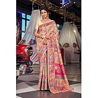 SWORNOF Womens Kanjivaram Banarasi Silk Patola Woven Design Saree With Unstitched Blouse Piece CREAM