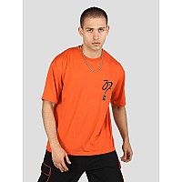 Chkokko Oversized Cotton Front And Back Printed Round Neck T Shirts For Men Orange M T3033