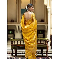 Leriya Fashion Womens Pure Jacquard Banarasi Kanjivarm Cotton Silk Saree with Blouse Piece | Saree Printed (Yellow)