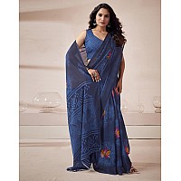 SIRIL Womens Georgette Floral Printed Saree With Unstitched Blouse Piece (3671S2576_Navy Blue)