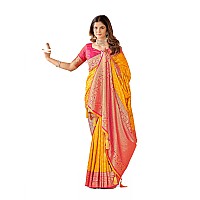 Mehrang Cotton Banarasi Silk Saree for Women With Unstitched Blouse Piece Yellow and Pink