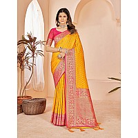 Mehrang Cotton Banarasi Silk Saree for Women With Unstitched Blouse Piece Yellow and Pink