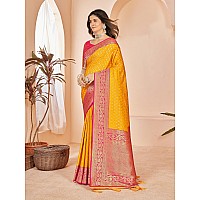 Mehrang Cotton Banarasi Silk Saree for Women With Unstitched Blouse Piece Yellow and Pink