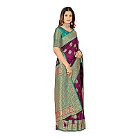 Mehrang Cotton Banarasi Silk Saree for Women With Unstitched Blouse Piece Purple and Green