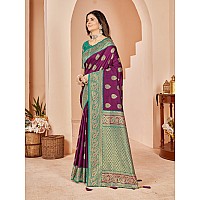 Mehrang Cotton Banarasi Silk Saree for Women With Unstitched Blouse Piece Purple and Green