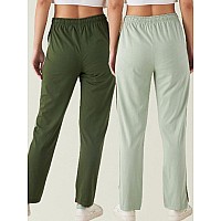 Modeve Womens Olive And Pista Regular Fit Striped With Side Pockets Cotton Track Pants For Summer Xl