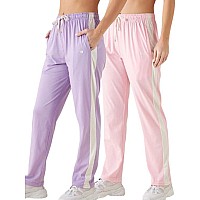 Modeve Womens Lavender And Light Pink Regular Fit Striped With Side Pockets Cotton Track Pants For Summer M