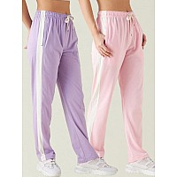 Modeve Womens Lavender And Light Pink Regular Fit Striped With Side Pockets Cotton Track Pants For Summer M