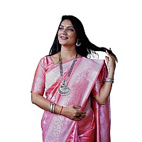 AMIRAT Womens Banarasi Pure Soft Silk Handloom Saree Pure Silver Zari With Blouse Piece Peach