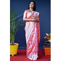 AMIRAT Womens Banarasi Pure Soft Silk Handloom Saree Pure Silver Zari With Blouse Piece Peach