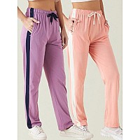 Modeve Womens Onion And Peach Regular Fit Striped With Side Pockets Cotton Track Pants For Summer Xl