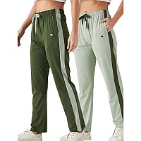 Modeve Womens Olive And Pista Regular Fit Striped With Side Pockets Cotton Track Pants For Summer 2Xl