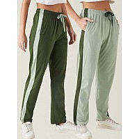 Modeve Womens Olive And Pista Regular Fit Striped With Side Pockets Cotton Track Pants For Summer 2Xl