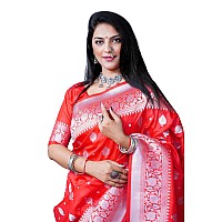 AMIRAT Womens Banarasi Pure Soft Silk Handloom Saree Pure Silver Zari With Blouse Piece Red