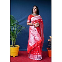 AMIRAT Womens Banarasi Pure Soft Silk Handloom Saree Pure Silver Zari With Blouse Piece Red