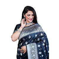 AMIRAT Womens Banarasi Pure Soft Silk Handloom Saree Pure Silver Zari With Blouse Piece Black