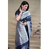 AMIRAT Womens Banarasi Pure Soft Silk Handloom Saree Pure Silver Zari With Blouse Piece Black