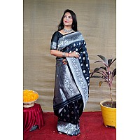 AMIRAT Womens Banarasi Pure Soft Silk Handloom Saree Pure Silver Zari With Blouse Piece Black