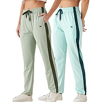 Modeve Womens Aqua And Pista Regular Fit Striped With Side Pockets Cotton Track Pants For Summer 2Xl