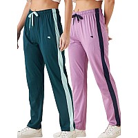 Modeve Womens Onion And Teal Regular Fit Striped With Side Pockets Cotton Track Pants For Summer L