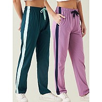 Modeve Womens Onion And Teal Regular Fit Striped With Side Pockets Cotton Track Pants For Summer L