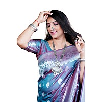 AMIRAT Womens Banarasi Pure Soft Silk Handloom Saree Pure Silver Zari With Blouse Piece Teal