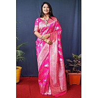 AMIRAT Womens Banarasi Silk With Woven Floral Zari Design Saree With Blouse Piece Gulabo 2 Pink