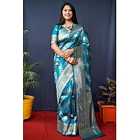 AMIRAT Womens Banarasi Silk With Woven Floral Zari Design Saree With Blouse Piece Gulabo 2 Teal