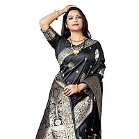 AMIRAT Womens Banarasi Silk Pure Golden Zari Woven With Blouse Piece (Black)