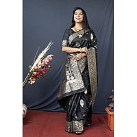 AMIRAT Womens Banarasi Silk Pure Golden Zari Woven With Blouse Piece (Black)