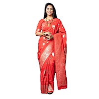 AMIRAT Womens Banarasi Silk Pure Golden Zari Woven With Blouse Piece (Red)